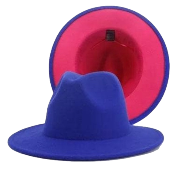 Two Color Blue + Pink Felt Flat Brim Fashion Fedora Hat - Picture 3 of 4